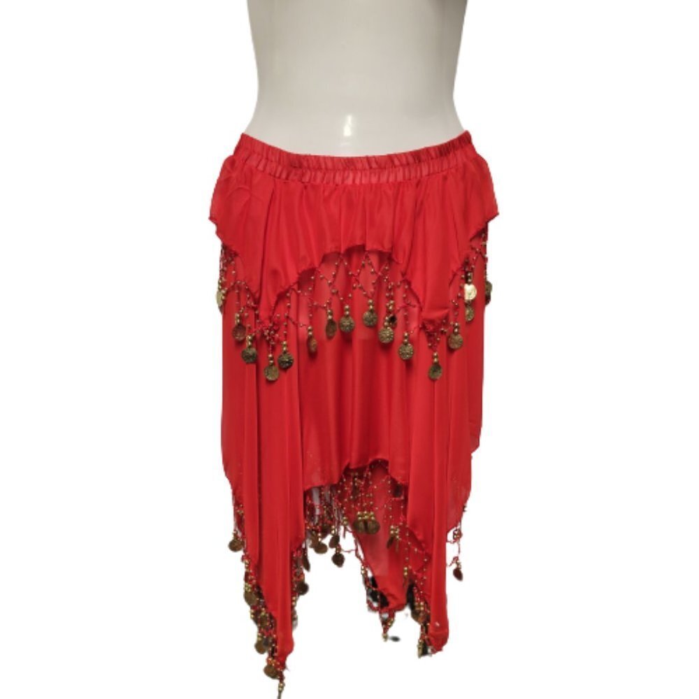 Kids or Teens Dance Skirt Red Sheer Party Skirt with Gold Beads and Coins